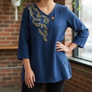 Soft Surroundings Women's Embroidered Lagenlook Tunic Top 1X Navy Blue